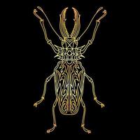 A golden beetle in a linear style. Linear vector illustration