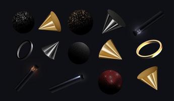 Black and gold geometric shapes of objects on a dark background. Realistic vector geometry elements. Spheres, cones and other geometric shapes