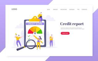 Credit score report with arrow gauge speedometer indicator with color levels on giant clipboard. vector