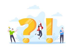 Q and A or FAQ concept with tiny people characters, big question and exclamation mark, frequently asked questions template. vector