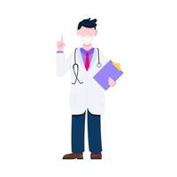 Doctor standing and hold clipboard and stethoscope with index finger flat style design vector illustration