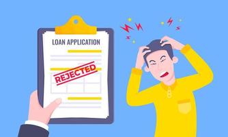 Sad man and rejected loan application form flat style design vector illustration.