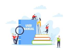 User manual guide book flat style design vector illustration. Tiny people, magnifying glass and guidance manual instructions.