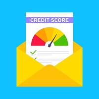 Indicador de velocímetro de puntuación de crédito con niveles de color en el sobre. medición de calificación pobre a excelente para crédito o préstamos hipotecarios ilustración de vector de diseño de estilo plano.