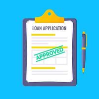 Loan approved credit or loan form with clipboard and claim form on it.