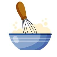 Whisk for cooking. Whipping up food. Kitchen utensils. Tool for blend ingredient in bowl or plate. Production of confectionery and pastries. Flat cartoon vector