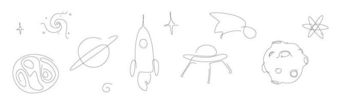 Space one line set. Cosmos line art set. Outline Planets and Galaxy vector illustration. One line moon and rocket brush collection.