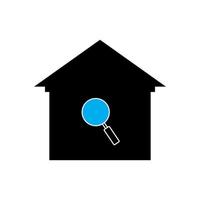 signo de vector de icono de casa. buscando una casa, lupa, casa, icono, letrero, apartamento, arquitectura, negro, edificio, en estilo moderno