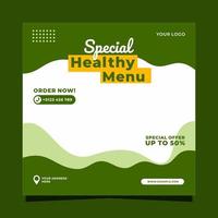 diseño de publicación de redes sociales cuadrada de banner de menú de comida saludable vector