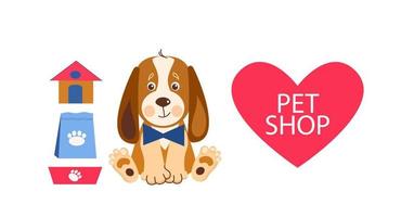 Pet shop banner design template. Vector cartoon illustration of cats, dogs, house, food.