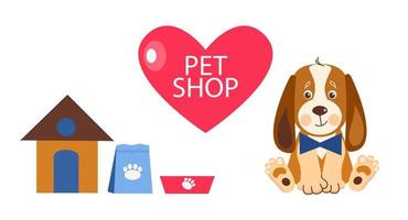 plantilla de diseño de banner de tienda de mascotas. ilustración de dibujos animados vectoriales de gatos, perros, casa, comida. vector