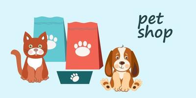 Pet shop banner design template. Vector cartoon illustration of cats, dogs, house, food