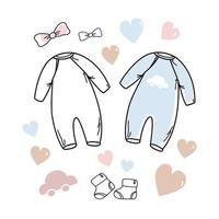 Set of hand drawn baby girl and boy. Cartoon sketch style doodle for icon, banner. Elements little girls clothes. vector