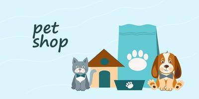 plantilla de diseño de banner de tienda de mascotas. ilustración de dibujos animados vectoriales de gatos, perros, casa, comida vector