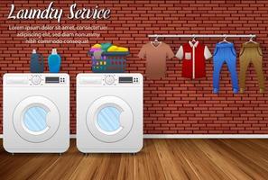 diseño de servicio de lavandería con lavadoras y secado de ropa sobre fondo de pared de ladrillo vector