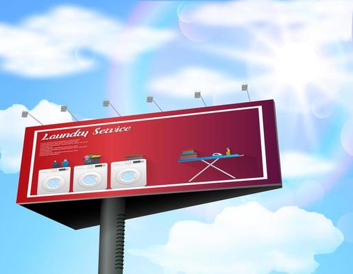 Billboard advertisement poster with laundry service on daytime blue sky background