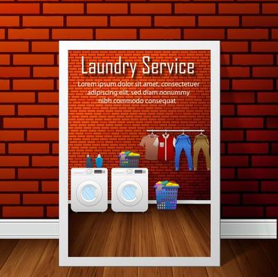 Laundry service banner design on brick wall background