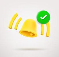 Notification bell with checkmark. 3d vector icon