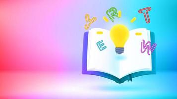 Book with lightbulb. Vector 3d banner with copy space