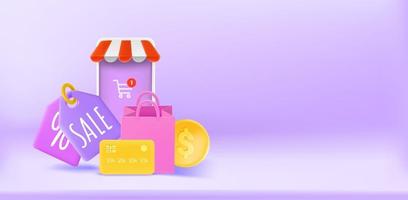 Mobile shopping concept with smartphone, bag, card and tags. 3d vector banner with copy space