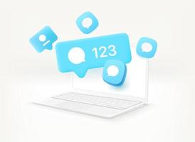 Using social media network communication via modern laptop. 3d vector illustration