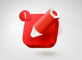 Red crayon on red button. 3d vector mobile application icon