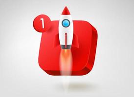 Red button with launching rocket. 3d vector mobile application icon