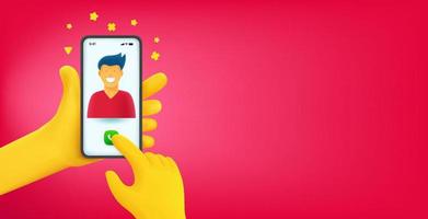 Calling to a friend via smartphone. Surprize concept. Vector banner with copy space