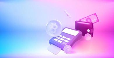 Calculator witn coins, card and banknote. 3d vector banner with copy space