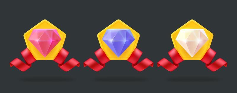 Badges with color gems and ribbons. 3d vector elemets set