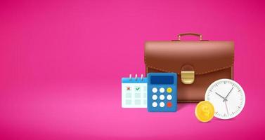 Briefcase with calculator, calendar and clock. Time management concept. 3d vector banner with copy space