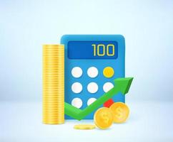 Business concept with calculator and golden coins. 3d vector illustration