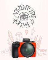 Modern digital camera with different travel elements vector illustration. Adventure time concept