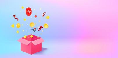 Special offer in shop concept with gift box and confetti. 3d vector illustration