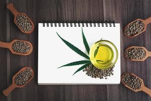 Hemp oil and hemp leaf on a blank notebook, space for text. photo