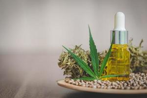 Hemp oil extracted in glass bottles. Seeds and leaves. Composition of extraction. Organic herbal medicine products. Essential natural herbs. Alternative herbal remedies for the treatment of disease. photo