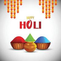 Realistic holi background with color gun and color bucket with gulal vector