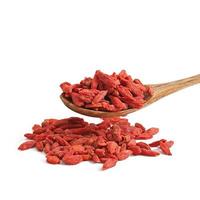 Red dried goji berries in wooden spoon photo