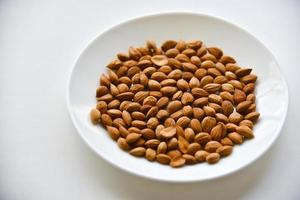 Apricot kernel nuts on a white plate photo