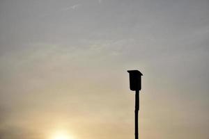 casita para aves en la puesta de sol y neblina foto