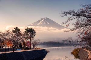 Fuji-san with cloudy in autumn garden at Kawaguchiko lake