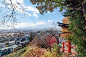 Red Torii gate in Arakura Sengen shrine with mount Fuji in autumn photo