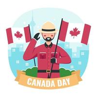 feliz celebración del día de canadá con carácter sosteniendo bandera vector