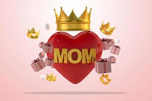 celebración de la reina mamá. feliz día de la madre con caja de regalo y corona de oro. renderizado 3d foto