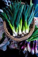 basket of leeks at farmers market photo