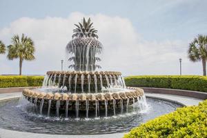 Pineapple fountain with flowing water in a park photo