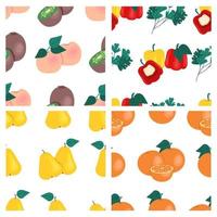 Set of fruits and vegetables seamless patterns. Kiwi, peaches, pears, oranges, bell peppers, parsley, fruit prints. Vector illustration.
