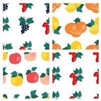 Set of fruit seamless patterns. Oranges, black currants, dog rose, lemons, apples, fruit prints. Vector illustration