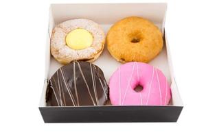 Cream chocolate and strewberry donut in the box, close up isolated on white photo