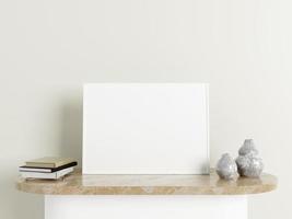 Minimalist horizontal white poster or photo frame mockup on the marble table with decoration